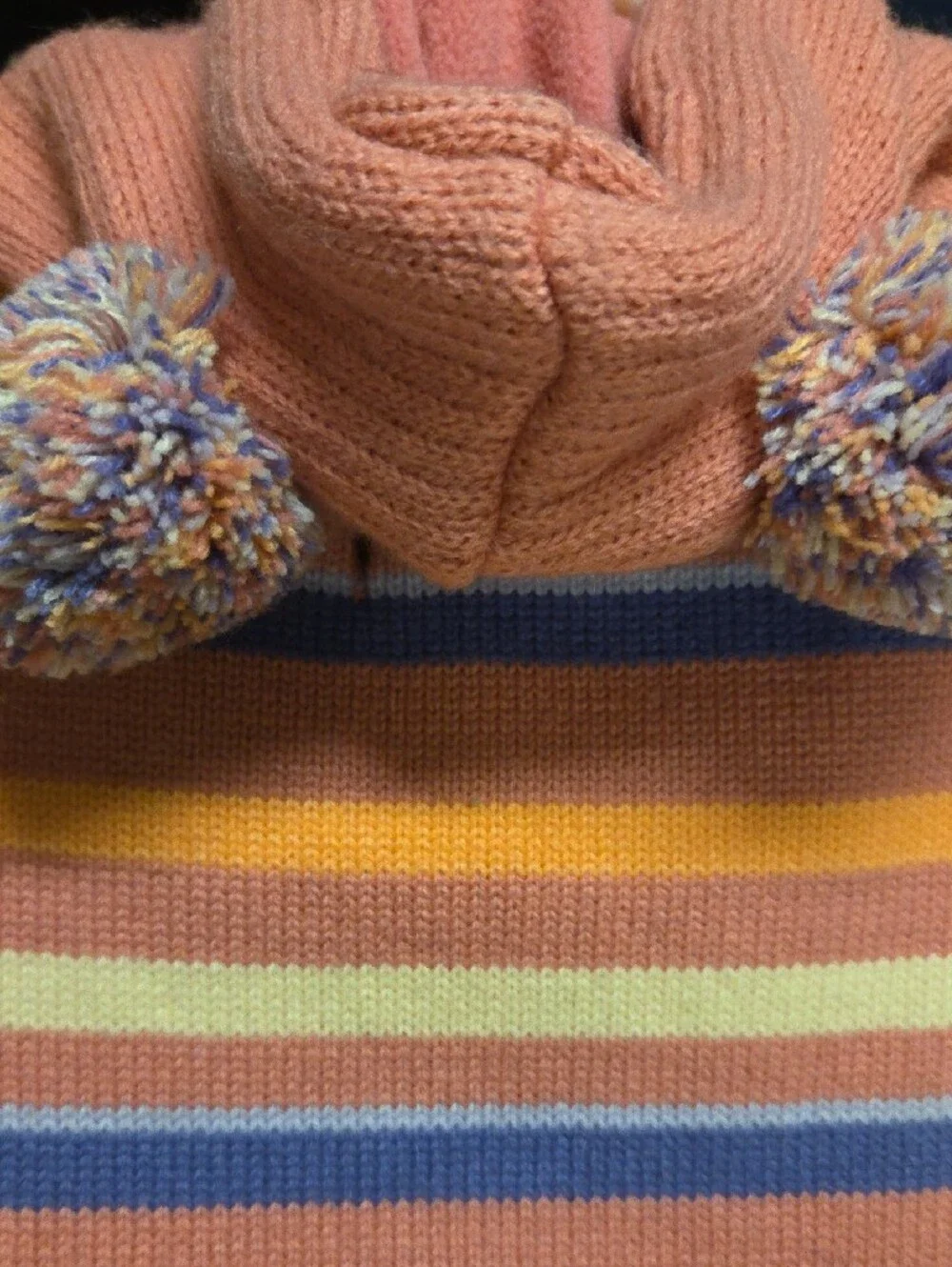 Striped Knit Pom-Pom Hooded Neck Warmer in Rose, Peach & Blue